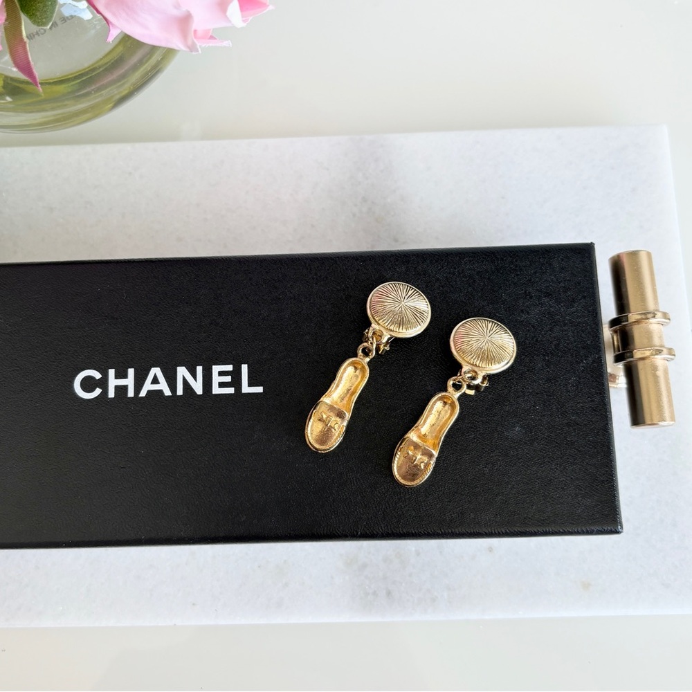 Chanel Vintage Gold Loafer Shoe Clip On Earrings Rare CC